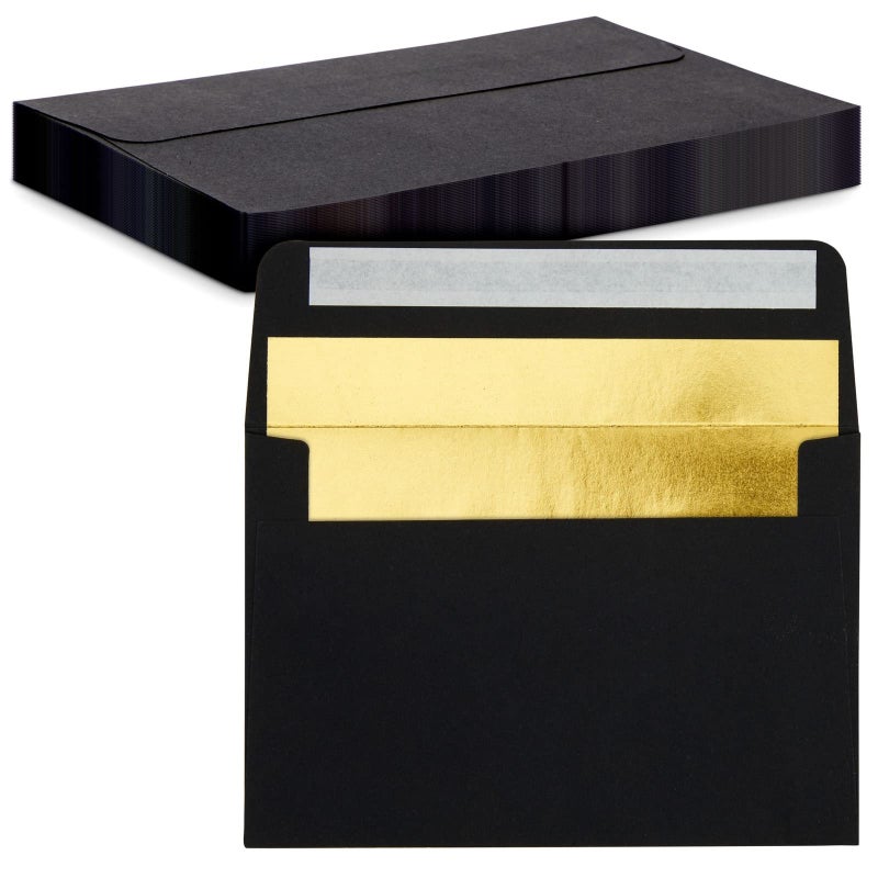 Paper Junkie A6 Black Envelopes with Gold Foil - 4.25 x 6.25 In, 50 Pack, 120 GSM - Peel & Stick Envelope Liner for Invitations, Greeting Cards & Photos - Image 1